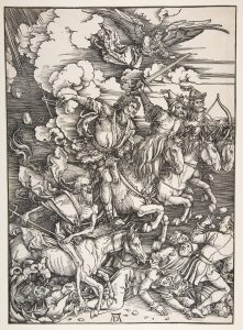 Image of wood engraving, Four Horsemen of the Apocalypse, by Albrecht Dürer, 1498.